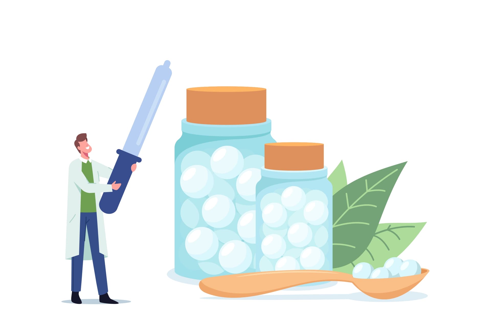 Hilft das? Illustration: ein Mann steht vor mannshohen Pillentöpfen.
