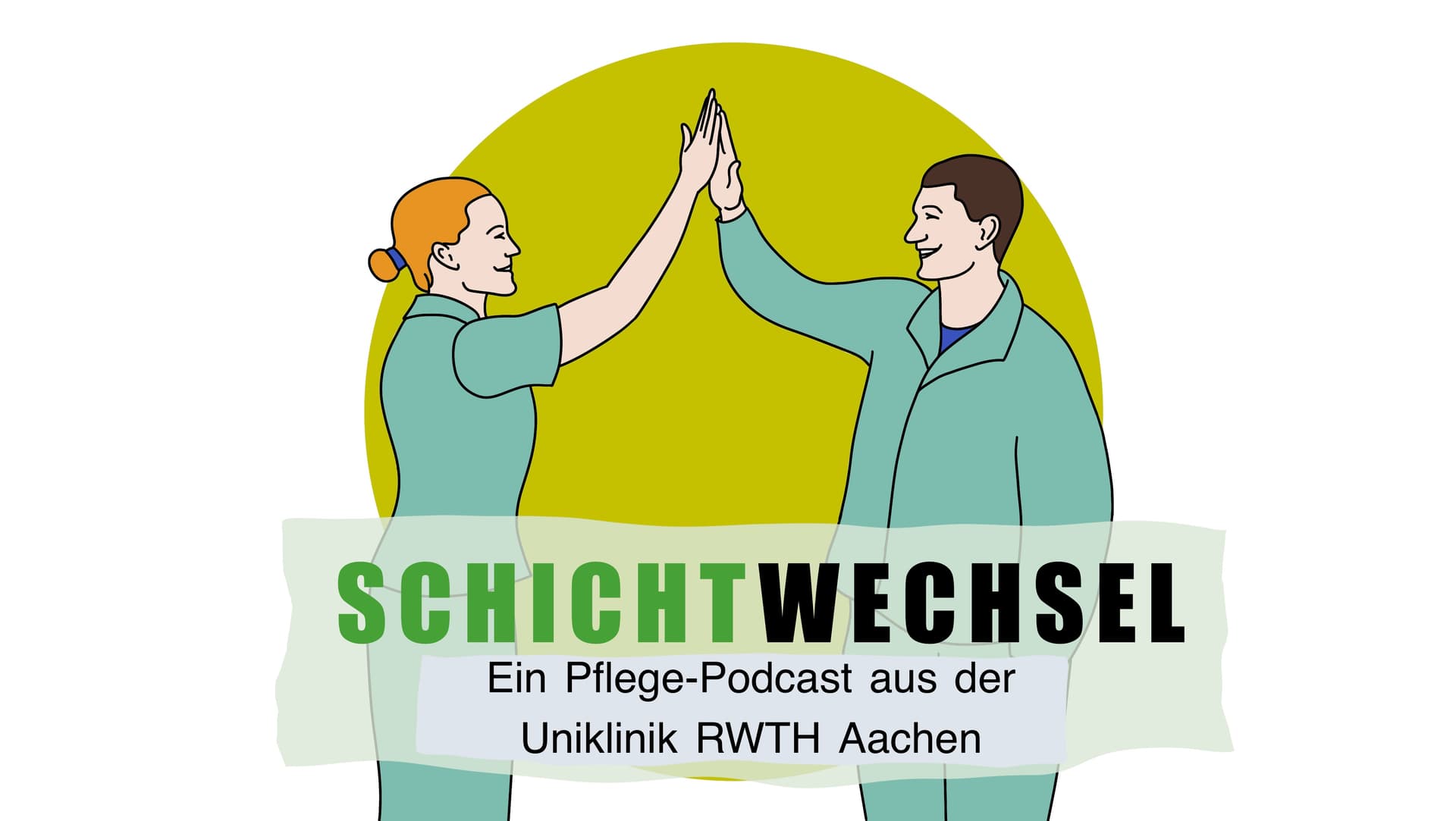 Seit dem 19. Januar 2024 bietet die Uniklinik RWTH Aachen mit dem Podcast „Schichtwechsel“ Einblicke in den Pflegeberuf aus der persönlichen Perspektive von Pflegefachkräften aus unterschiedlichen Bereichen. Die Illustration zeigt zwei Pflegekräfte, die sich beim Schichtwechsel abklatschen.