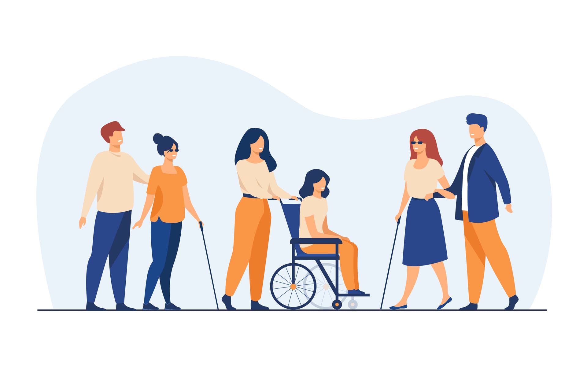 Heilerziehungspfleger begleiten und unterstützen Menschen mit Behinderungen aller Altersstufen, um deren Eigenständigkeit und selbstständige Lebensführung im Alltag zu fördern. Die Illustration zeigt Heilerziehungspfleger/-innen in der Betreuung von Menschen mit Beeinträchtigung.
