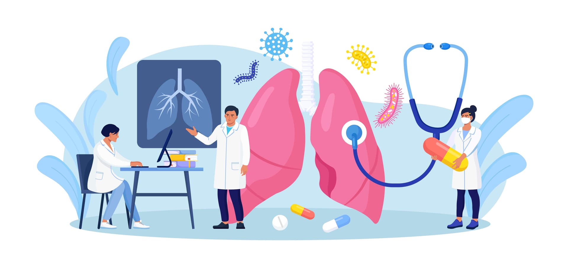 Fachweiterbildung Pneumologie: Die Pneumologie befasst sich mit der Prävention, Diagnose und Behandlung von Erkrankungen der Lunge, der Bronchien, des Mittelfells und des Zwerchfells. Das Bild zeigt eine Illustration zum Thema Untersuchung bei einem Lungenarzt