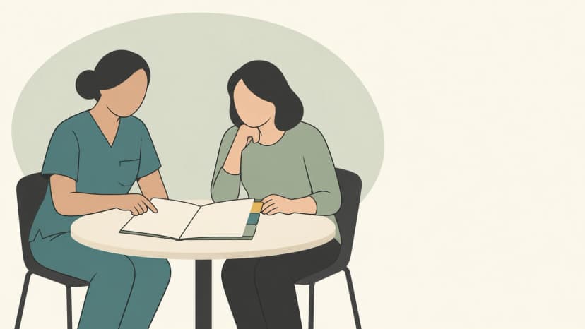 Rückkehr in die Pflege gemeinsam planen Zwei Personen, eine in Pflegekleidung, besprechen an einem Tisch einen offenen Ordner.