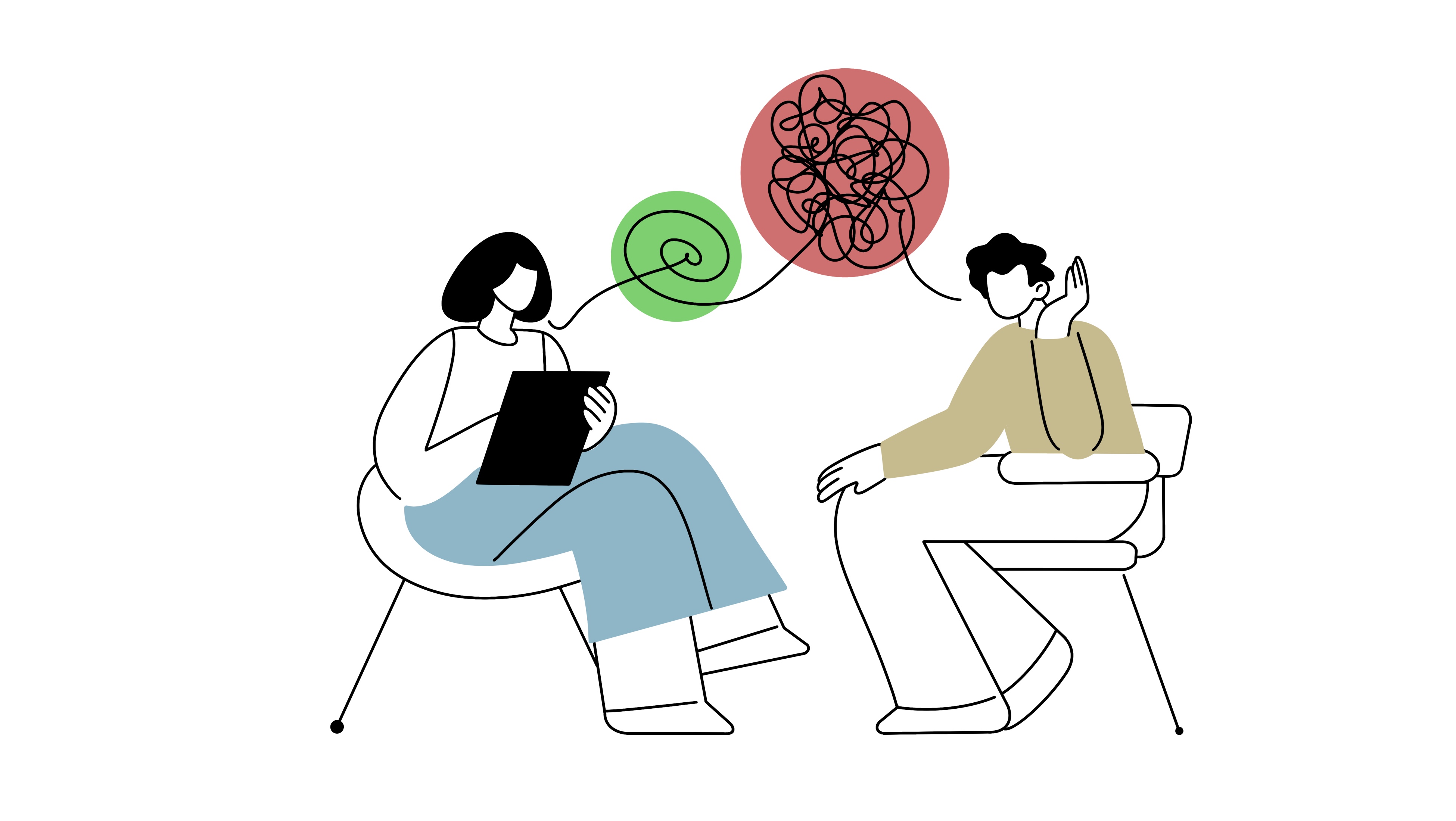 Die Illustration zeigt eine typische Gesprächssituation zwischen einem Patienten und seiner Therapeutin.