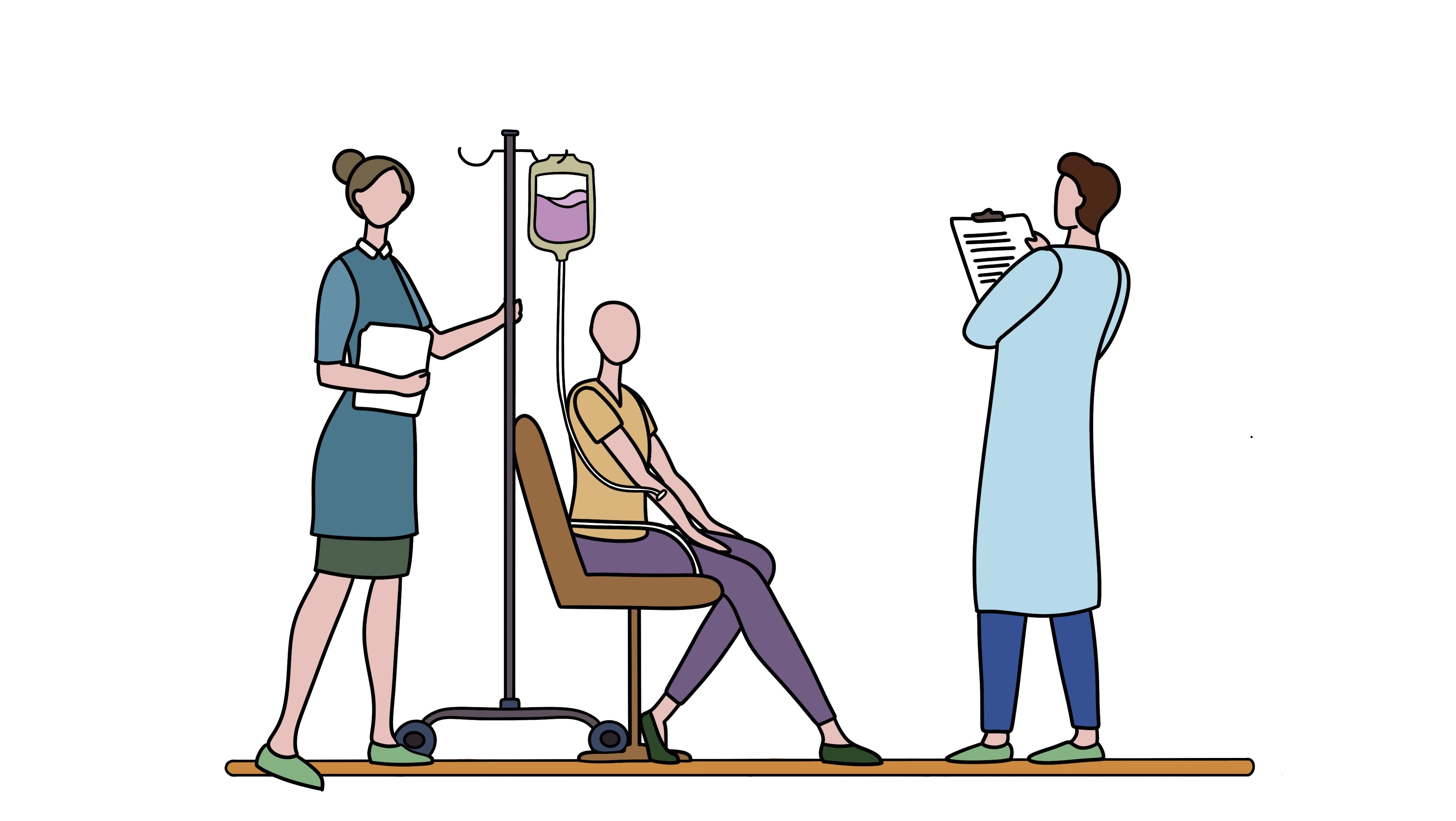 Die Illustration zeigt eine Pflegefachkraft Onkologie und einen Stationsarzt die eine Krebsbehandlung verabreichen.
