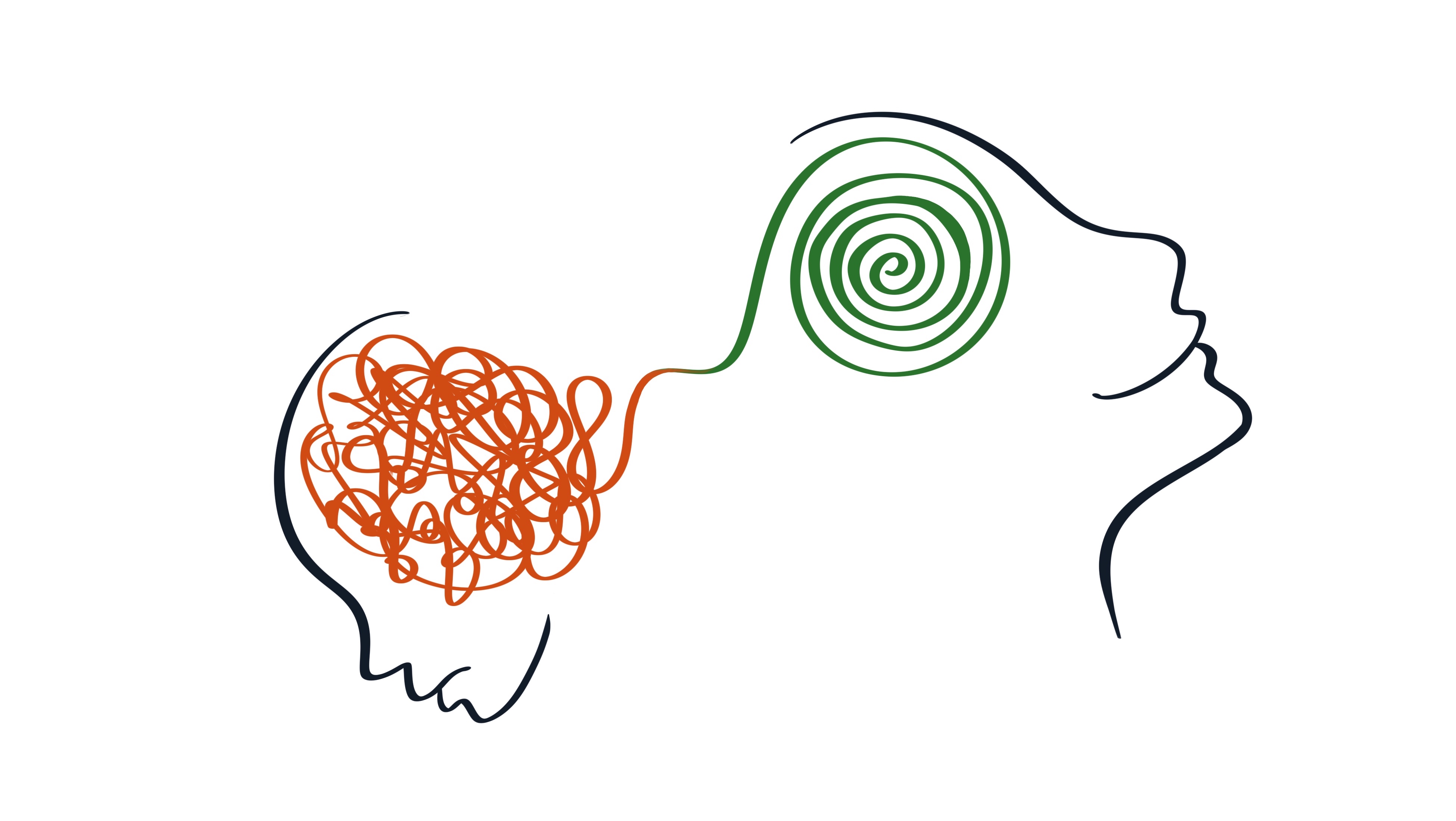 Illustrativ werden zwei Köpfe dargestellt: einer mit wirren Gedanken, ein Kopf geordnet und glücklich.