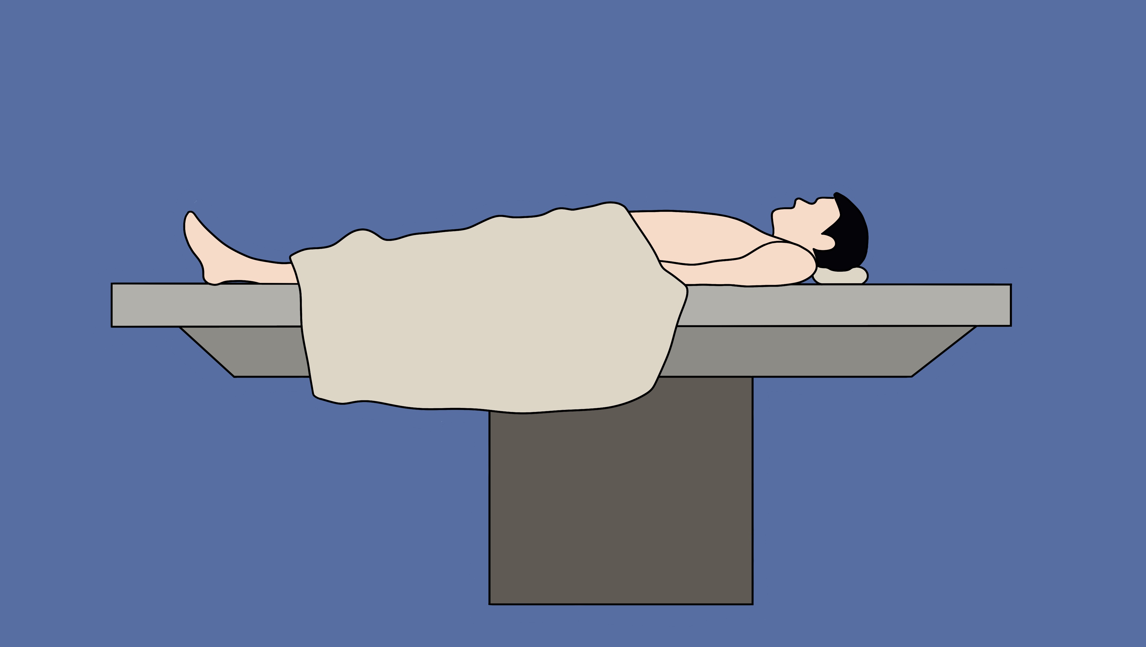 Die Illustration zeigt einen Untersuchungstisch in der Rechtsmedizin mit einer Leiche.