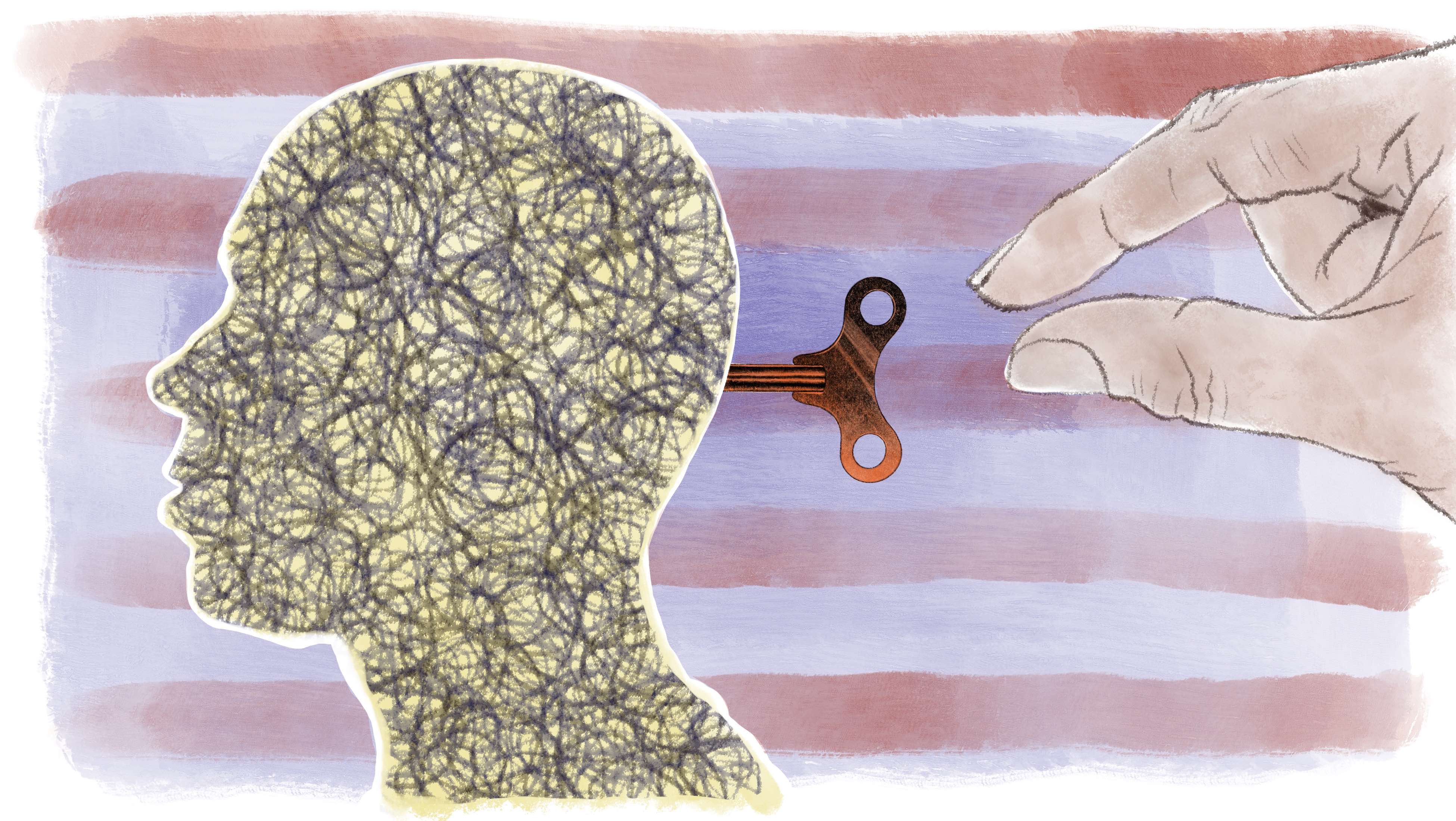 Gaslighting ist eine manipulative Taktik, die darauf abzielt, die Wahrnehmung einer anderen Person absichtlich zu verzerren und zu verändern. Die Illustration zeigt einen Kopf, mit einem Schlüssel der symbolisiert, dass hier jemand gesteuert wird.