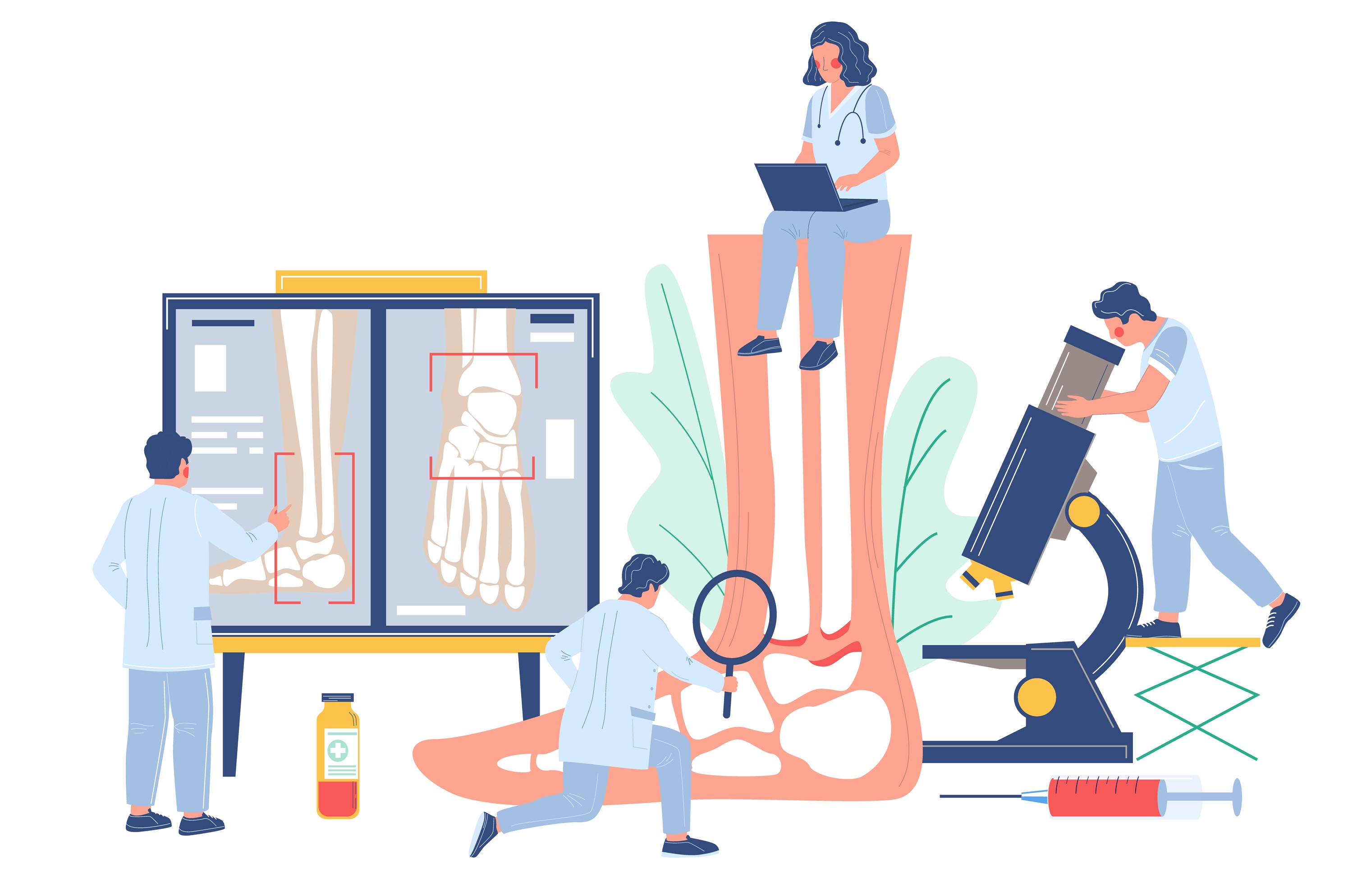 Die Rheumatologie ist eine hochspezialisierte und eher kleine Subdisziplin der Inneren Medizin. In diesem Blogpost richten wir den Fokus auf das Gehalt in der Rheumatologie in Kliniken und die Verdienstmöglichkeiten im niedergelassenen Bereich. Die Illustration zeigt Ärzte und Ärztinnen die sich um die Diagnose rheumatischer Erkrankungen bemühen.