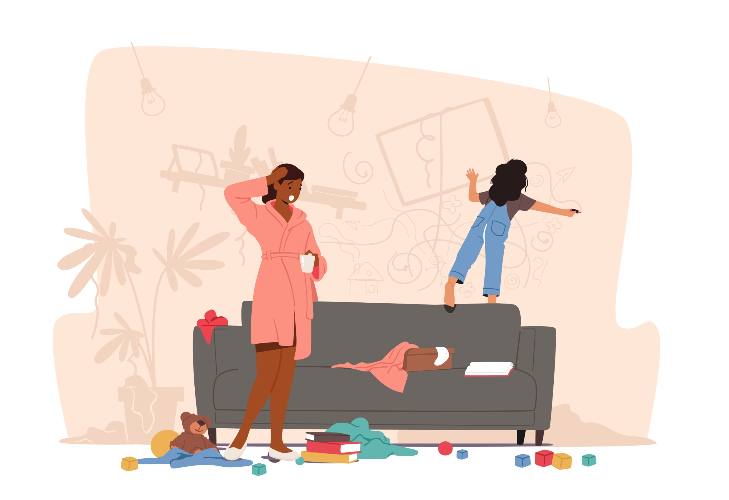 Die Aufmerksamkeitsdefizit-Hyperaktivitätsstörung (ADHS) ist eine häufig diagnostizierte psychische Auffälligkeit, die oft vom Kindes- ins Erwachsenenalter reicht. Die Illustration zeigt eine entnervte Mutter, die ein hyperaktives Kind nicht unter Kontrolle bringt.