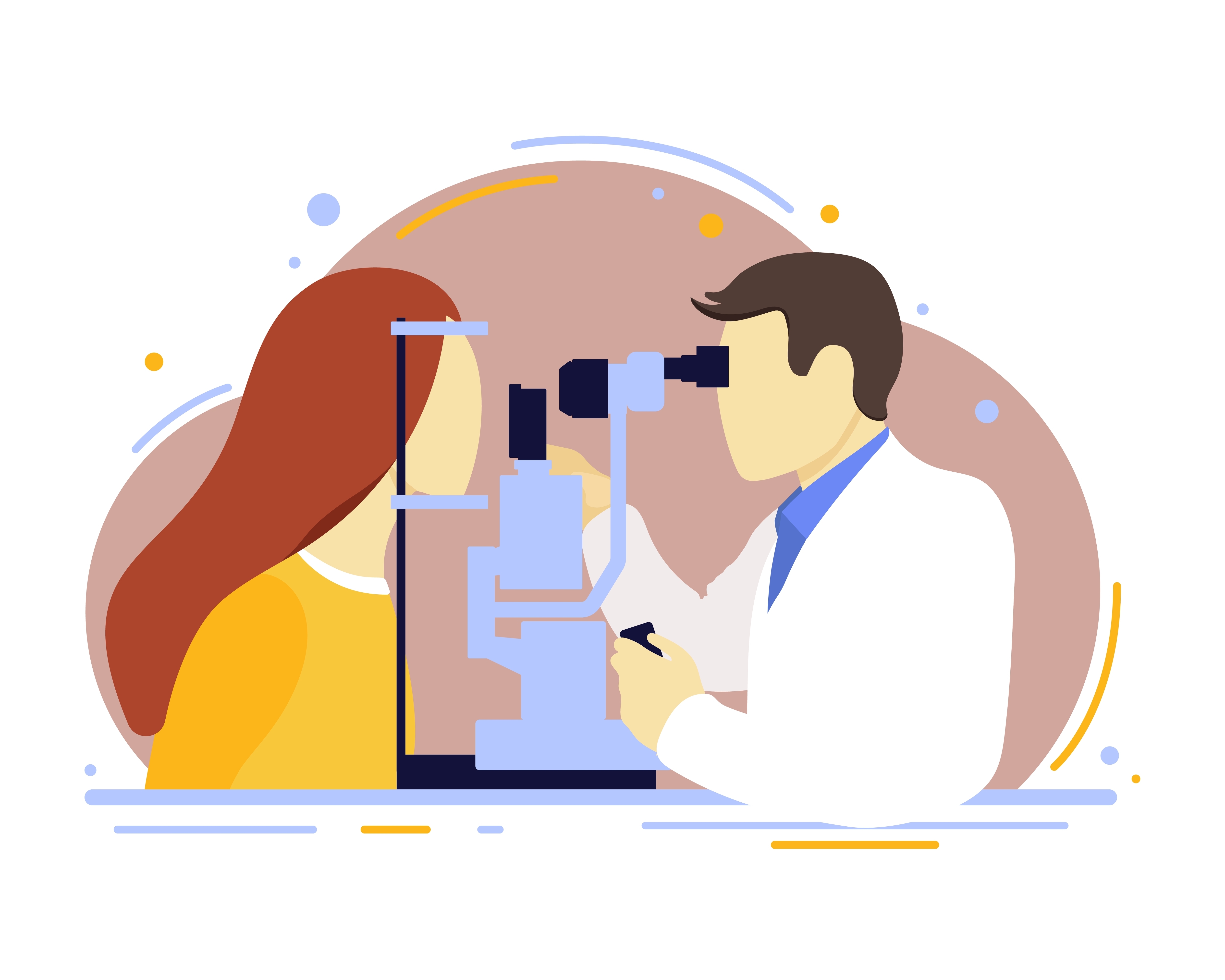 Niedergelassene Augenärzte und -ärztinnen gehören zu den Fachbereichen mit dem höchsten Einkommen. Die Illustration zeigt einen Augenarzt, der eine Patienten untersucht.