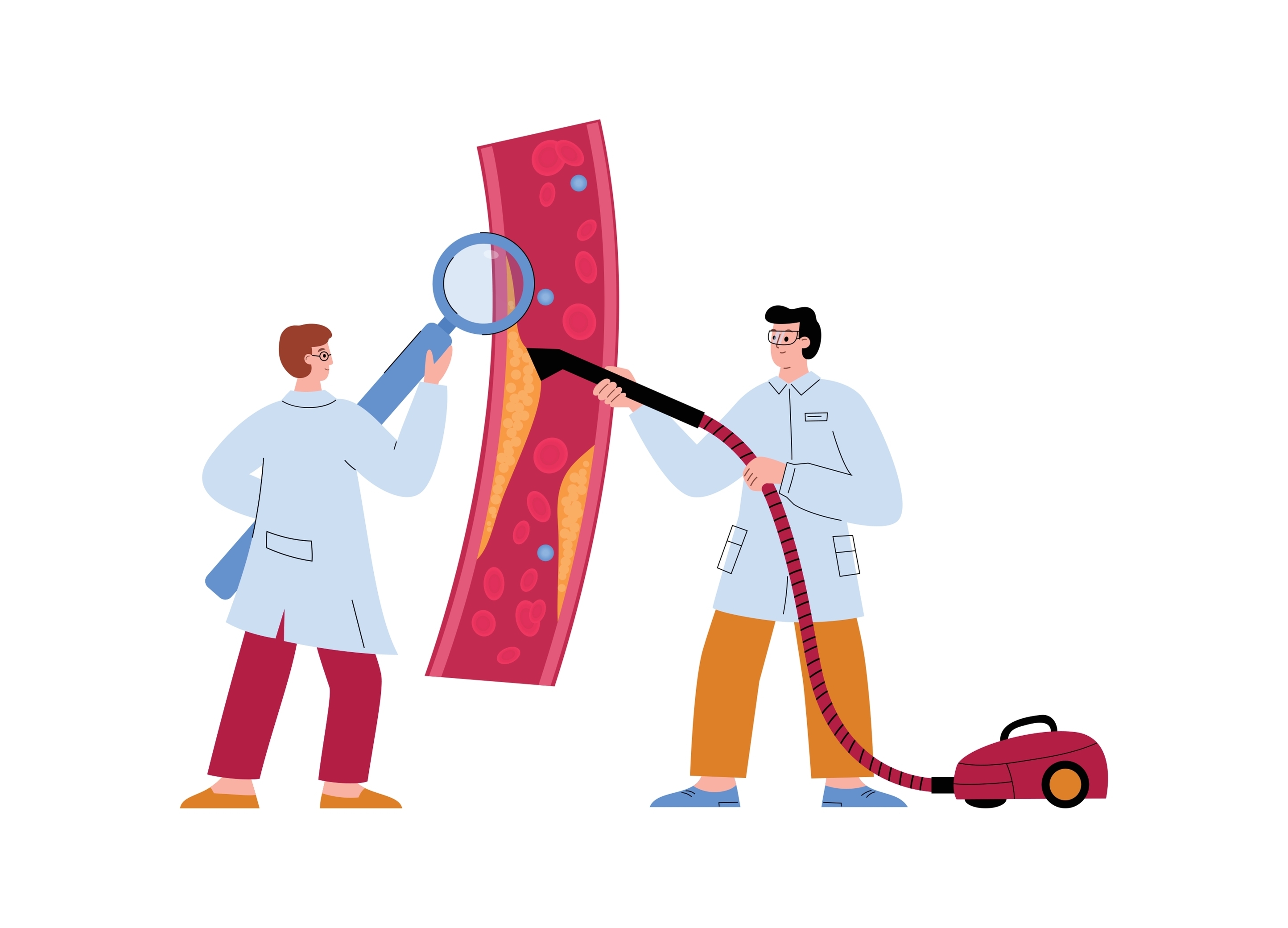Die Illustration zeigt 2 Angiologen die ein Blutgefäß reinigen.