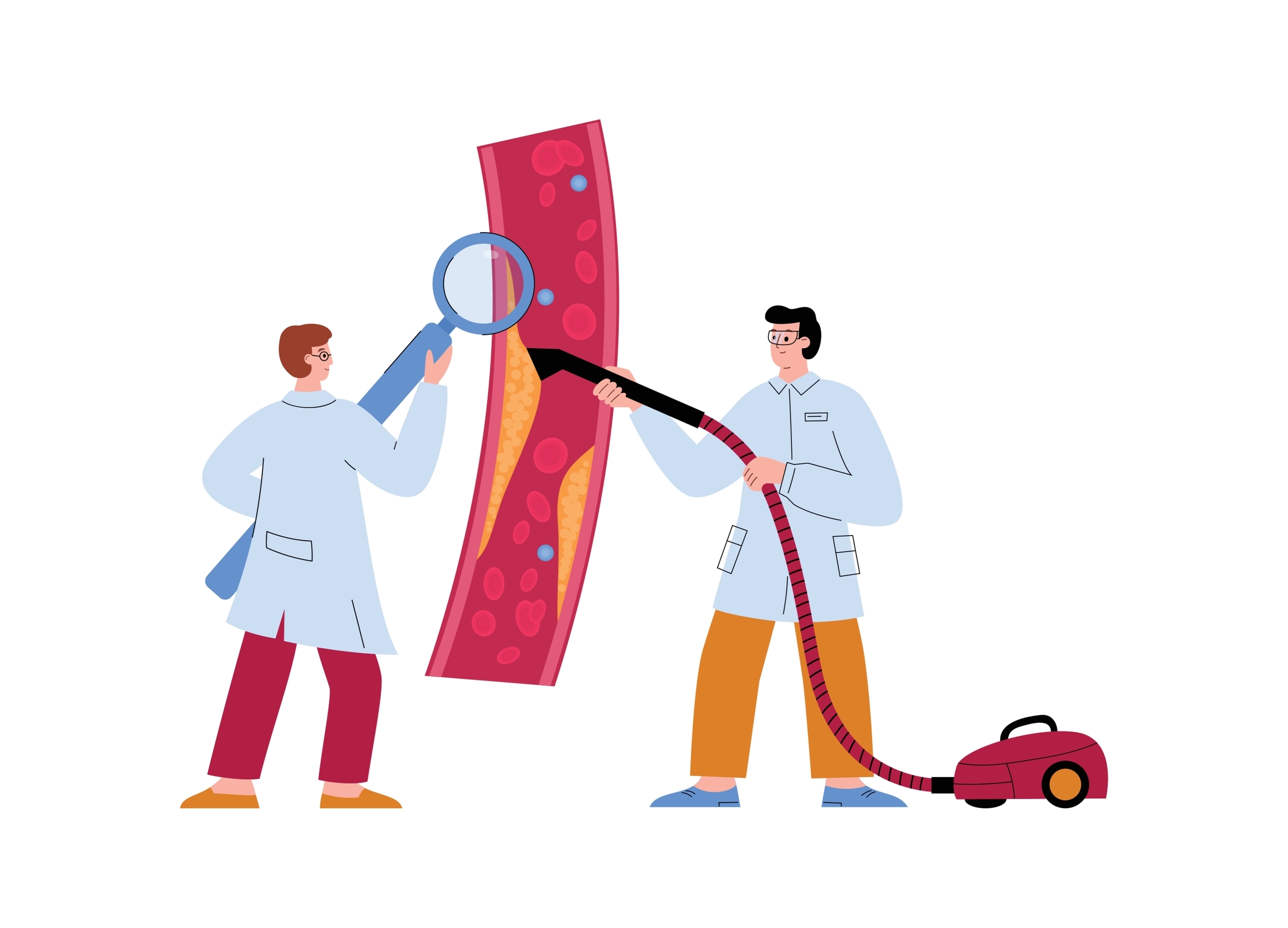 Die Angiologie ist ein kleines Teilgebiet der Inneren Medizin und spezialisiert auf Erkrankungen der Blut- und Lymphgefäße. Angiologen sind hauptsächlich in der stationären Medizin tätig. Die Illustration zeigt 2 Angiologen die ein Blutgefäß reinigen.