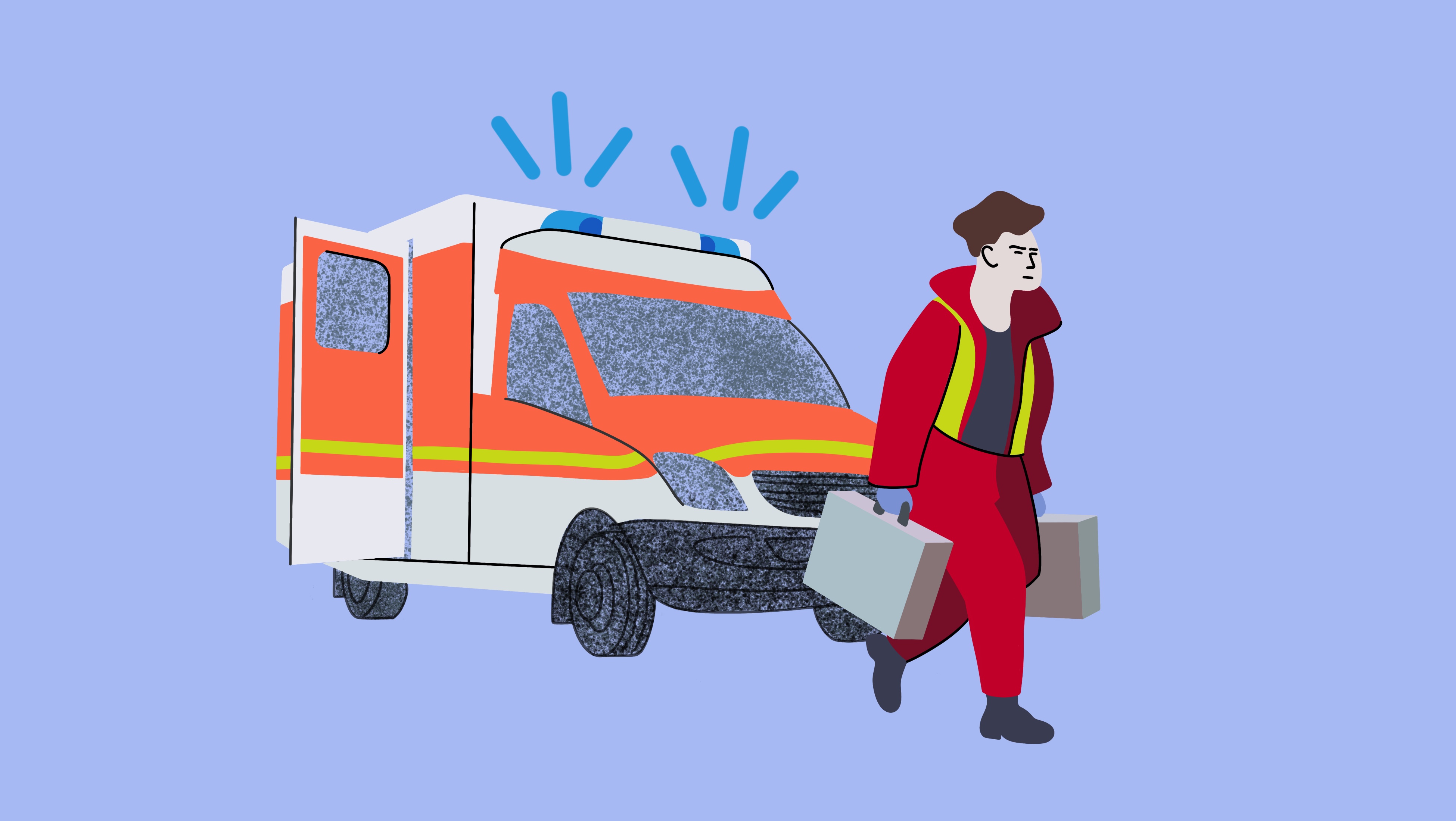 Die Illustration zeigt einen Krankenwagen und einen herausstürmenden Notarzt.