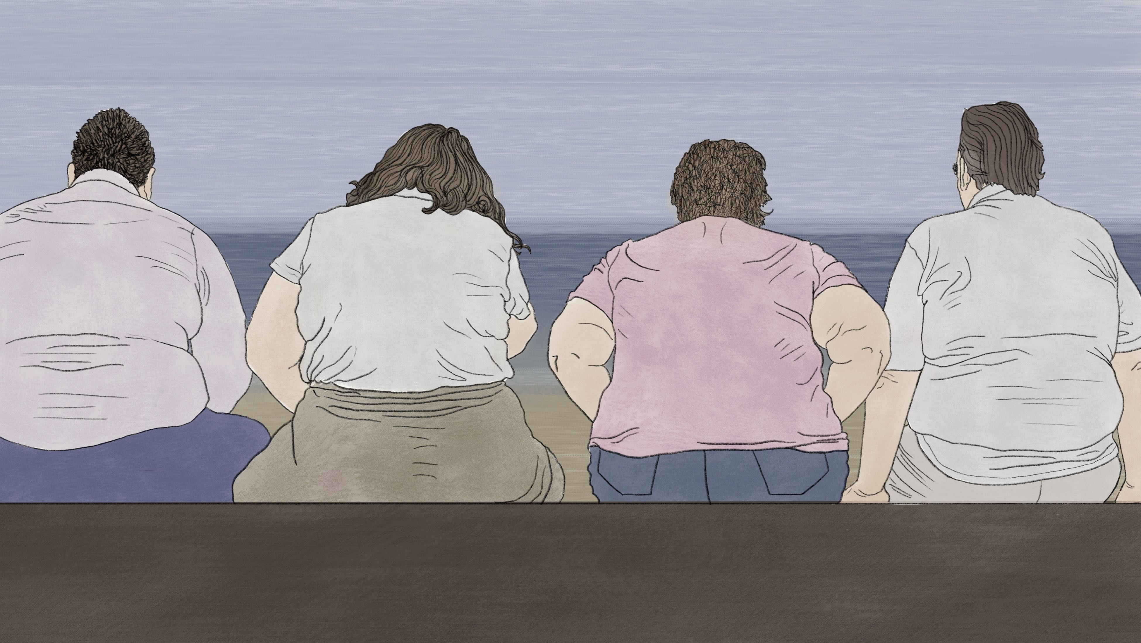 Auf einer Bank sitzen 4 Menschen von hinten gezeichnet mit sichtbar Übergewicht.