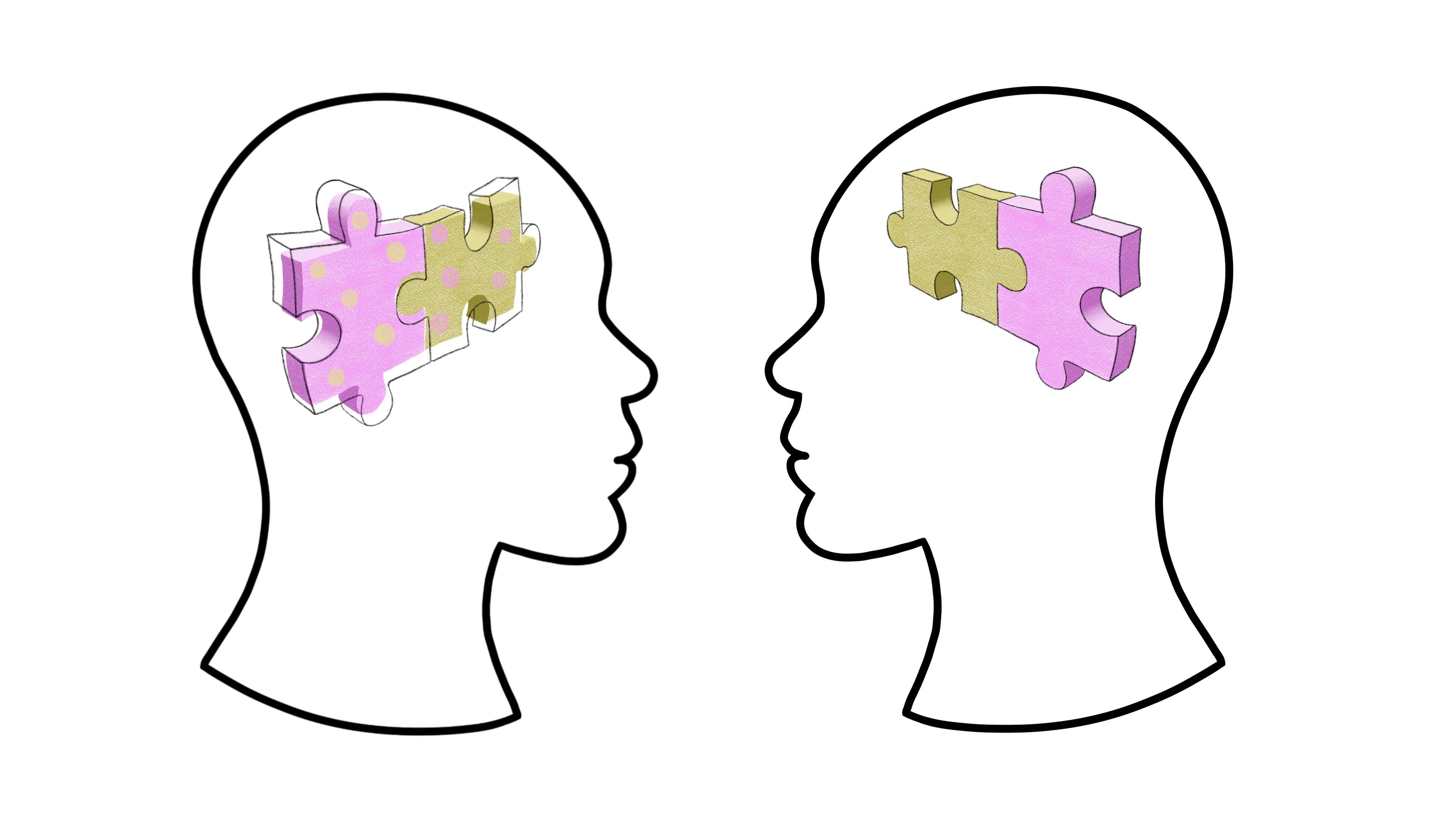 Autismus ist eine neurologische Entwicklungsstörung, die das Verhalten, die Kommunikation und die sozialen Interaktionen beeinflusst. Die Illustration zeigt zwei Köpfe bei denen das "Puzzle Gehirn" unterschiedlich zusammengesetzt ist.