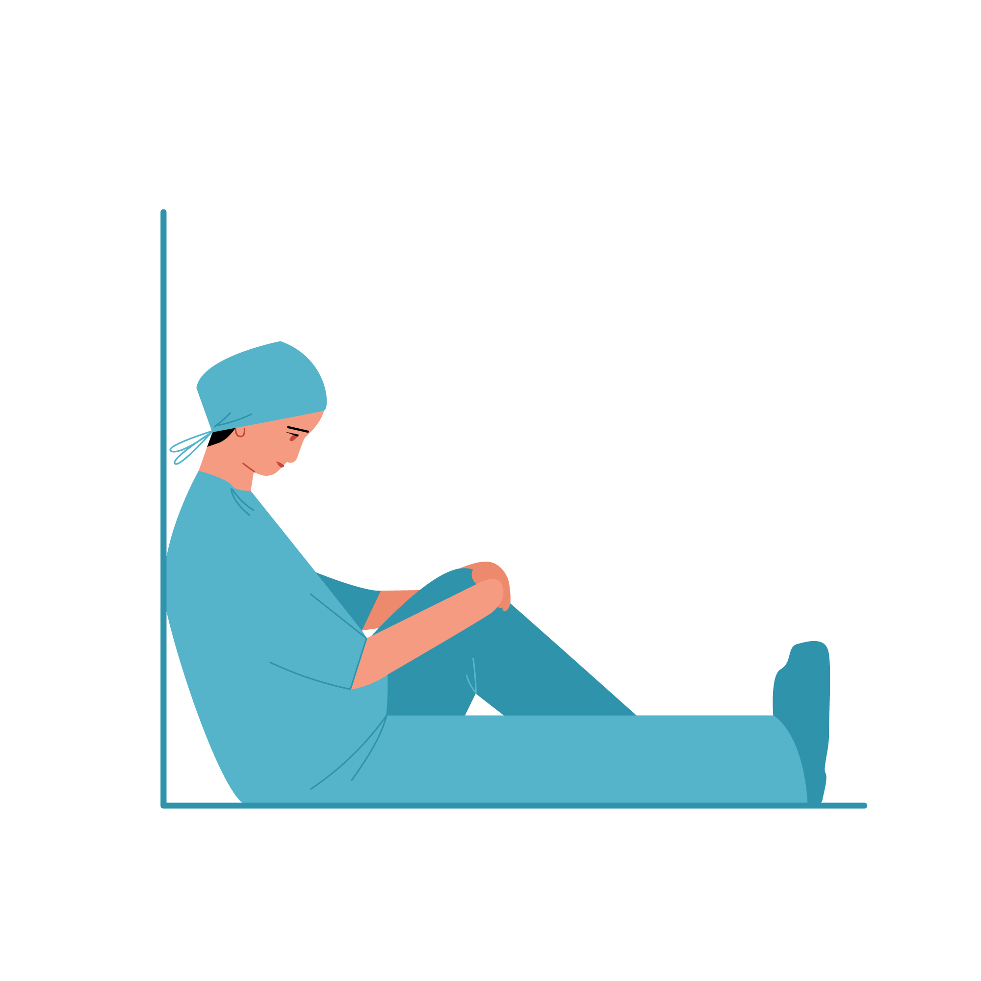 Eine Krankenpflegerin sitzt gestresst auf dem Boden mit dem Rücken zur Wand.