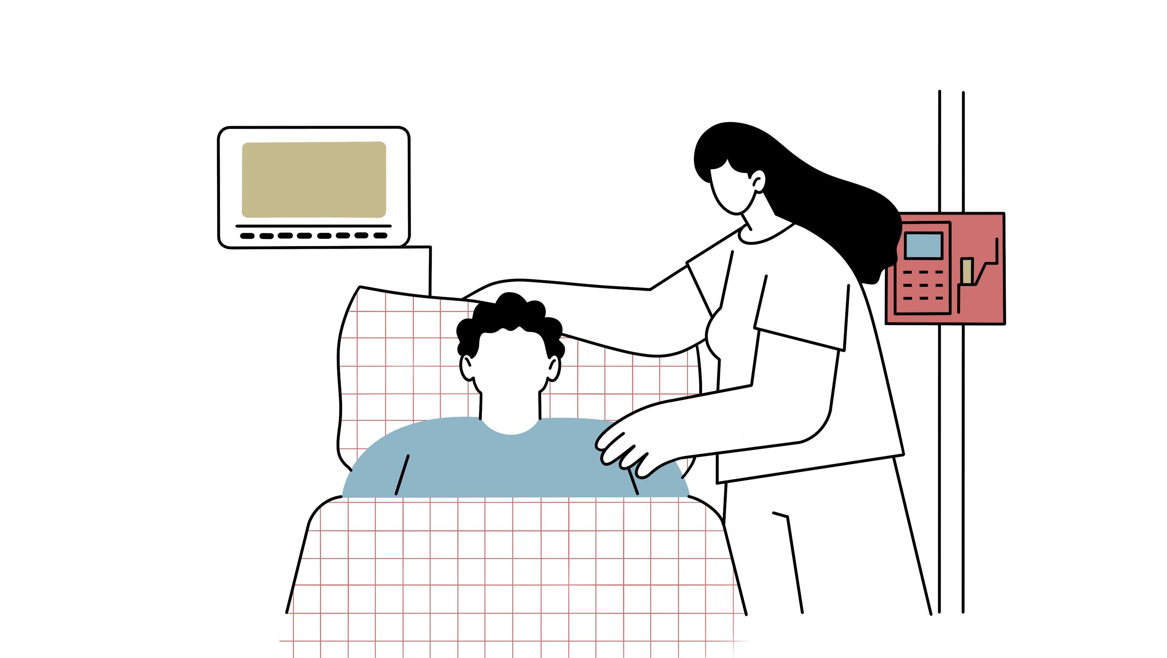 Die Illustration zeigt eine typische Situation auf Station. Eine Krankenpflegerin betreut einen Patienten.