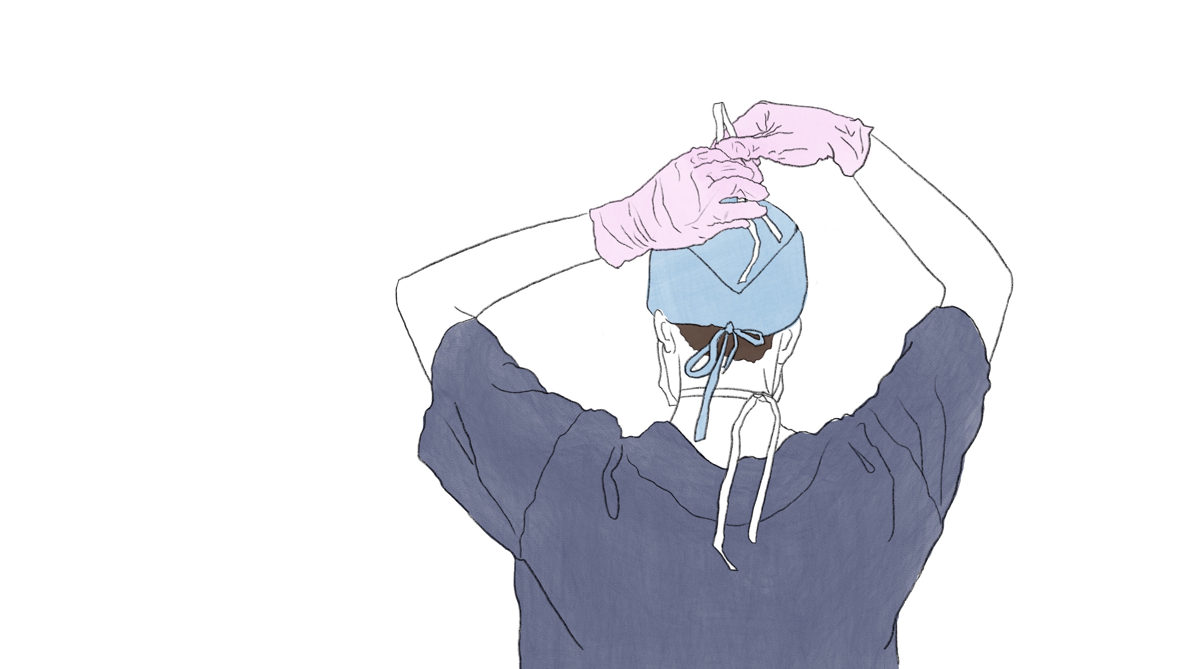 Die Illustration zeigt einen Chirurg der sich den Kopfschutz bindet.