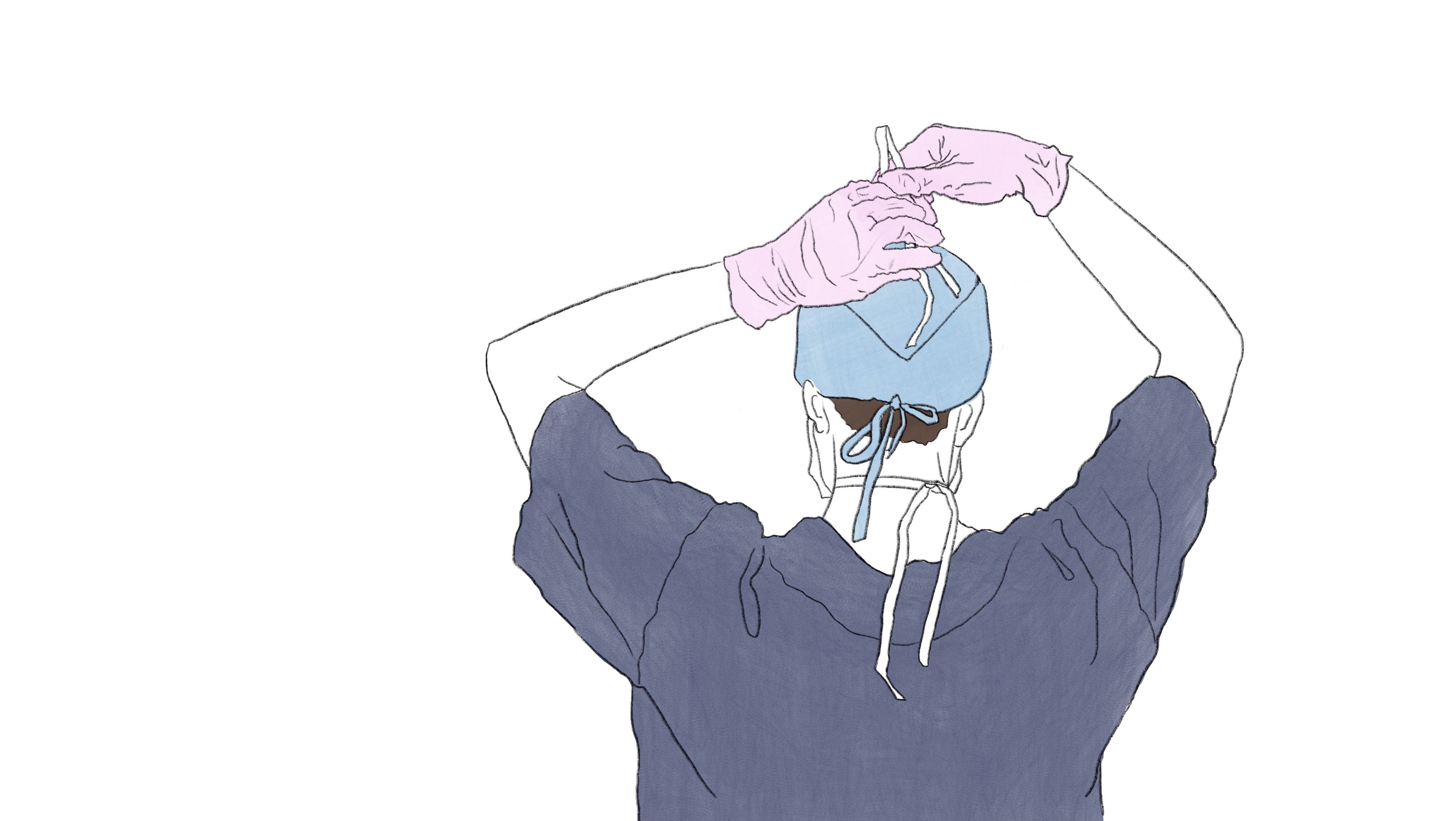 Die Chirurgie ist das größte medizinische Fachgebiet. Chirurgen und Chirurginnen führen sowohl offene als auch minimal-invasive Eingriffe durch. Die Illustration zeigt einen Chirurg der sich den Kopfschutz bindet.