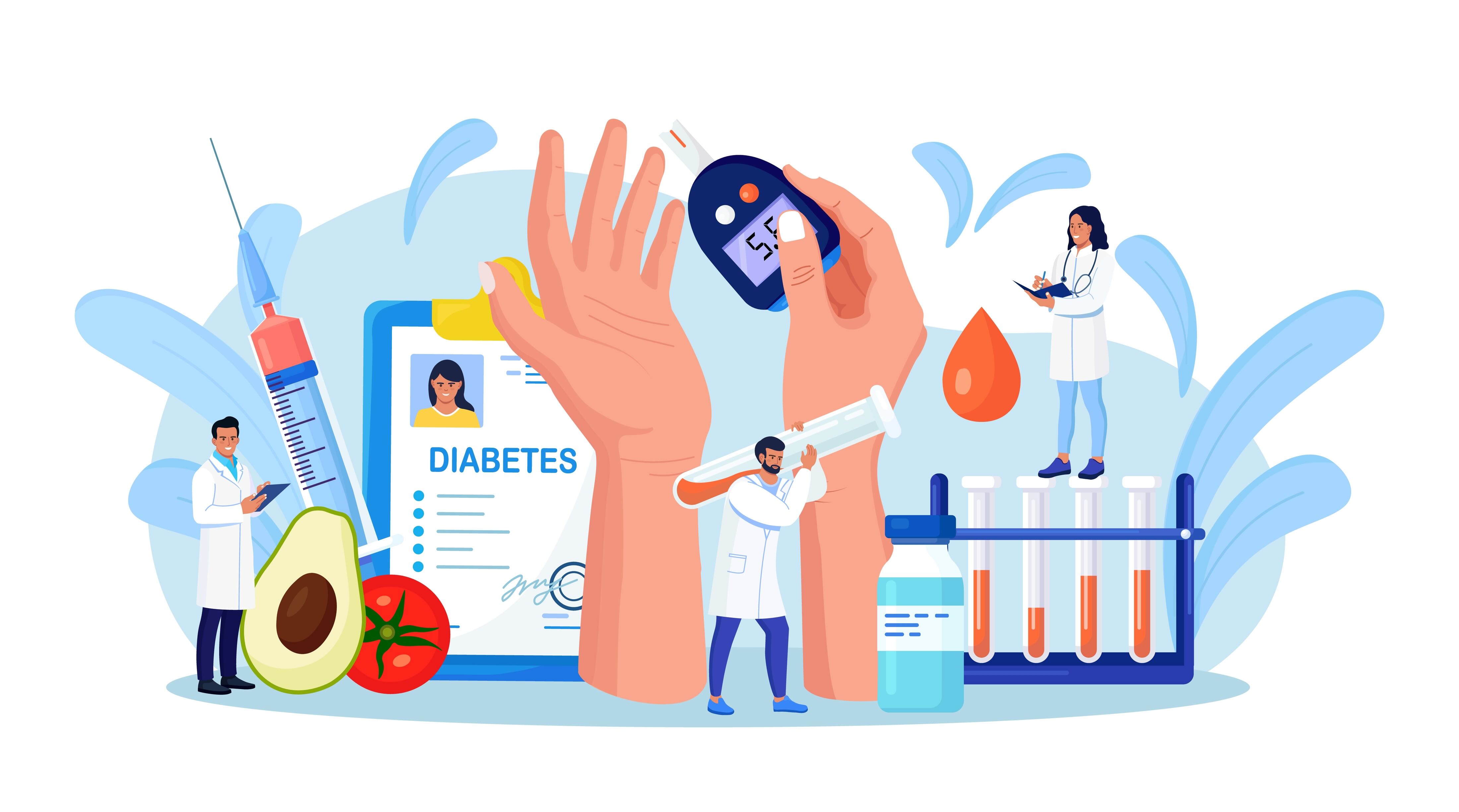 Das Fachgebiet der Endokrinologie und Diabetologie ist ein kleiner, jedoch hochspezialisierten Bereich der Medizin, der aufgrund der zunehmenden Prävalenz endokriner Erkrankungen und Diabetes ausgezeichnete berufliche Chancen bietet. Die Illustration zeigt einen Arzt mit typischen Diagnoseinstrumenten zur Therapie von Diabetes.