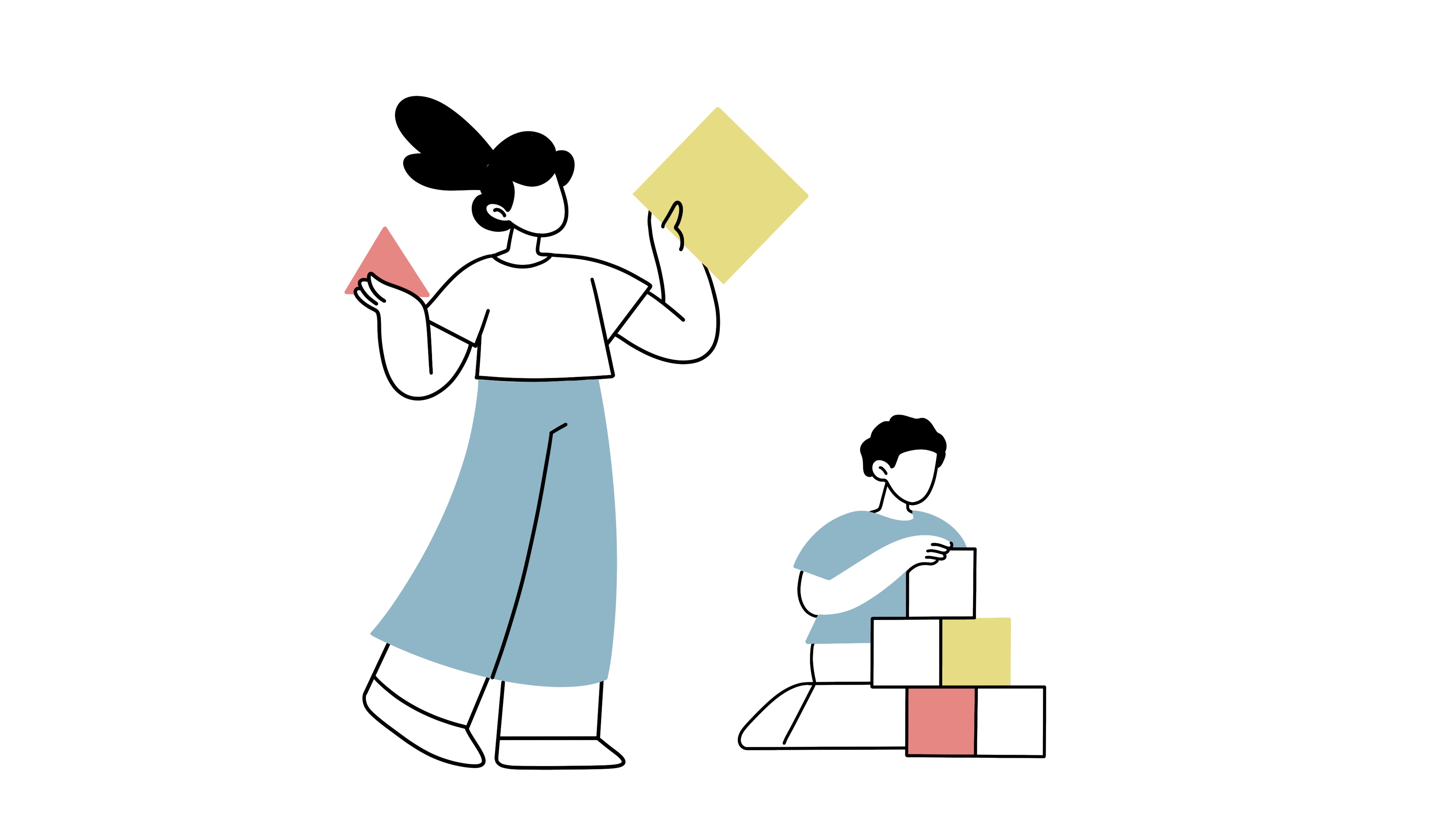 Die Illustration zeigt eine Kinderpflegerin die einen Jungen betreut und mit ihm spielt.