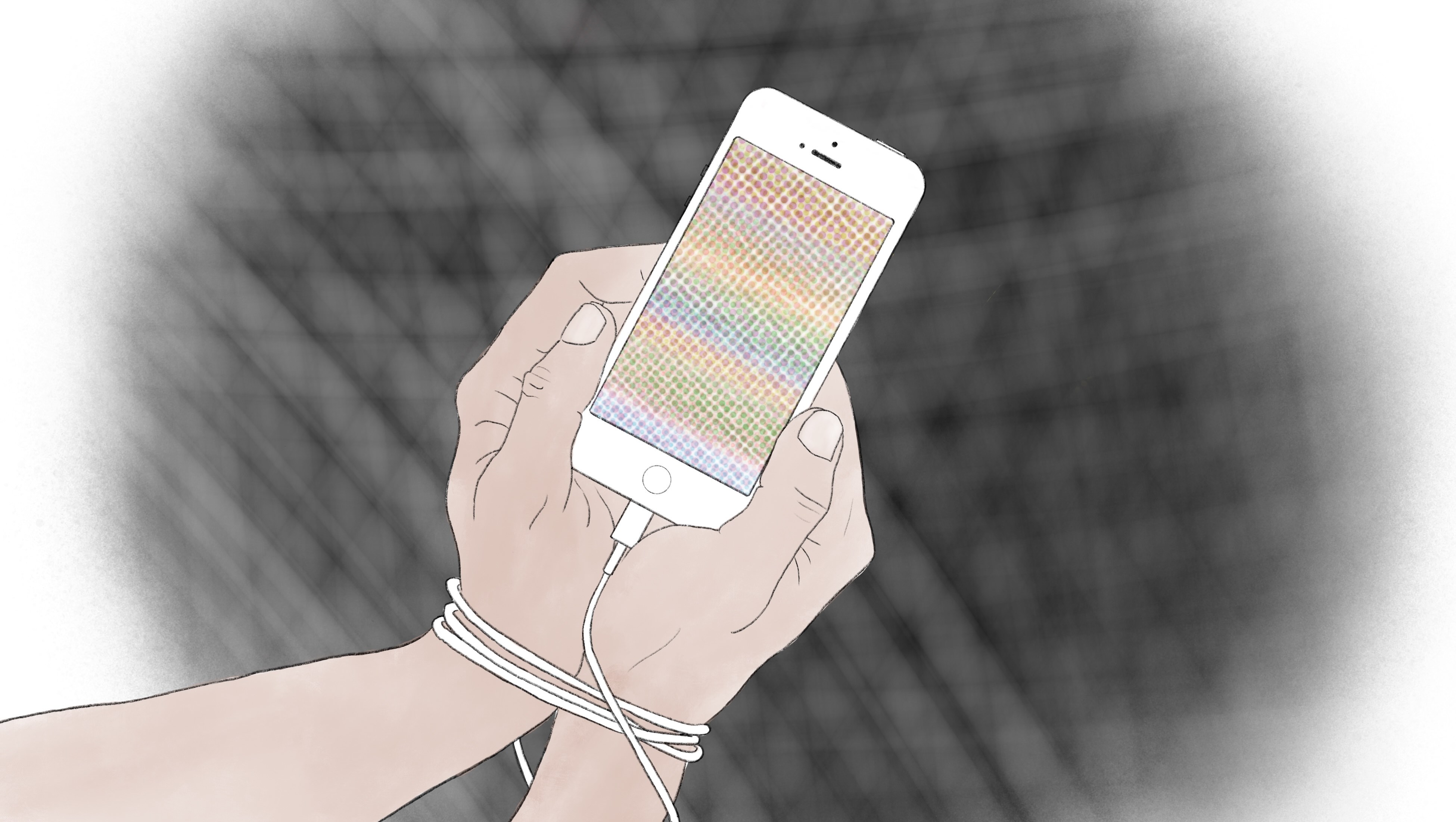 Die Illustration zeigt 2 Hände, die gebunden und gefangen sind von den Kopfhörerkabel. Die Hände halten ein Handy.