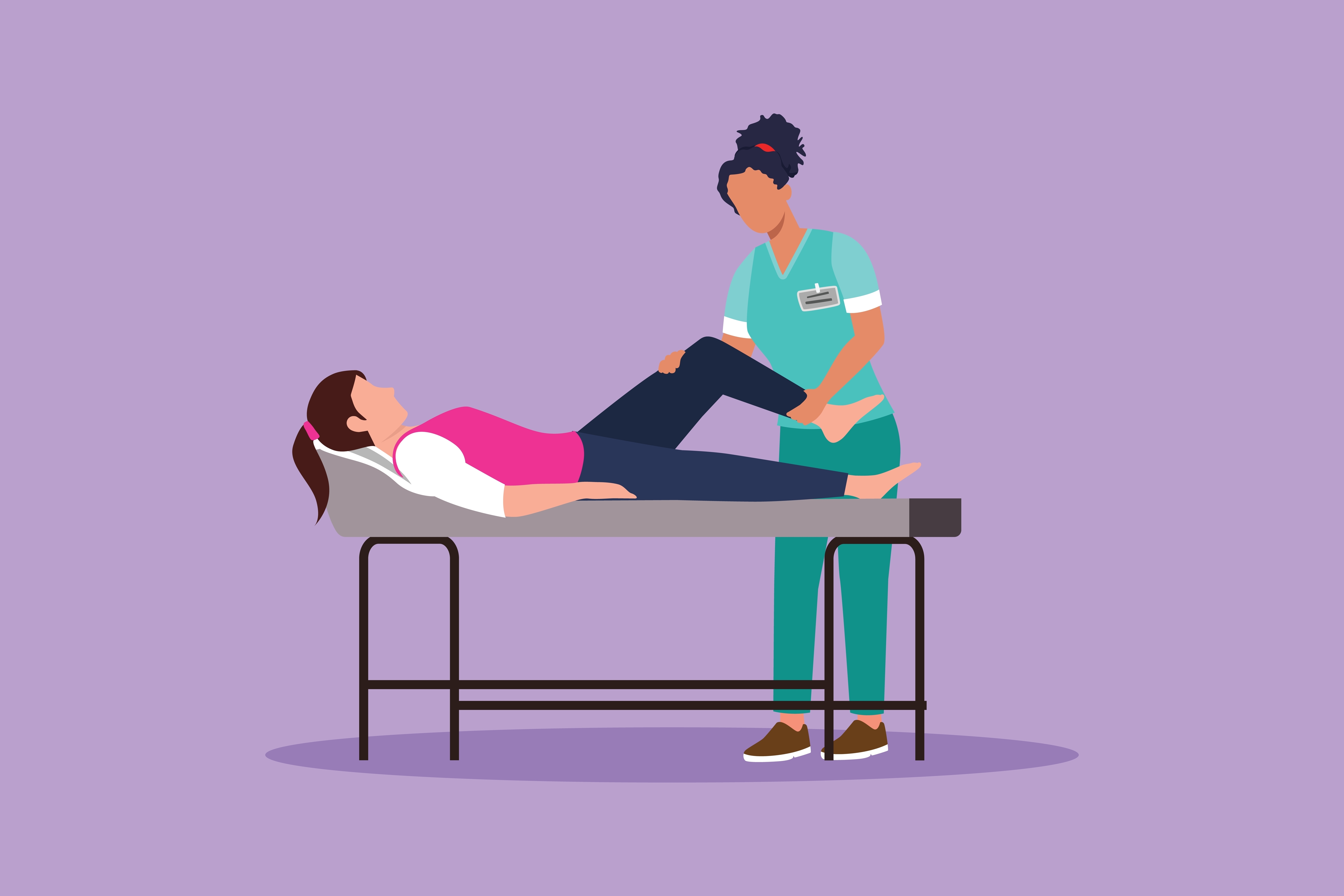 Die Illustration zeigt eine Physiotherapeutin die eine Patienten auf einem Behandlungstisch behandelt.