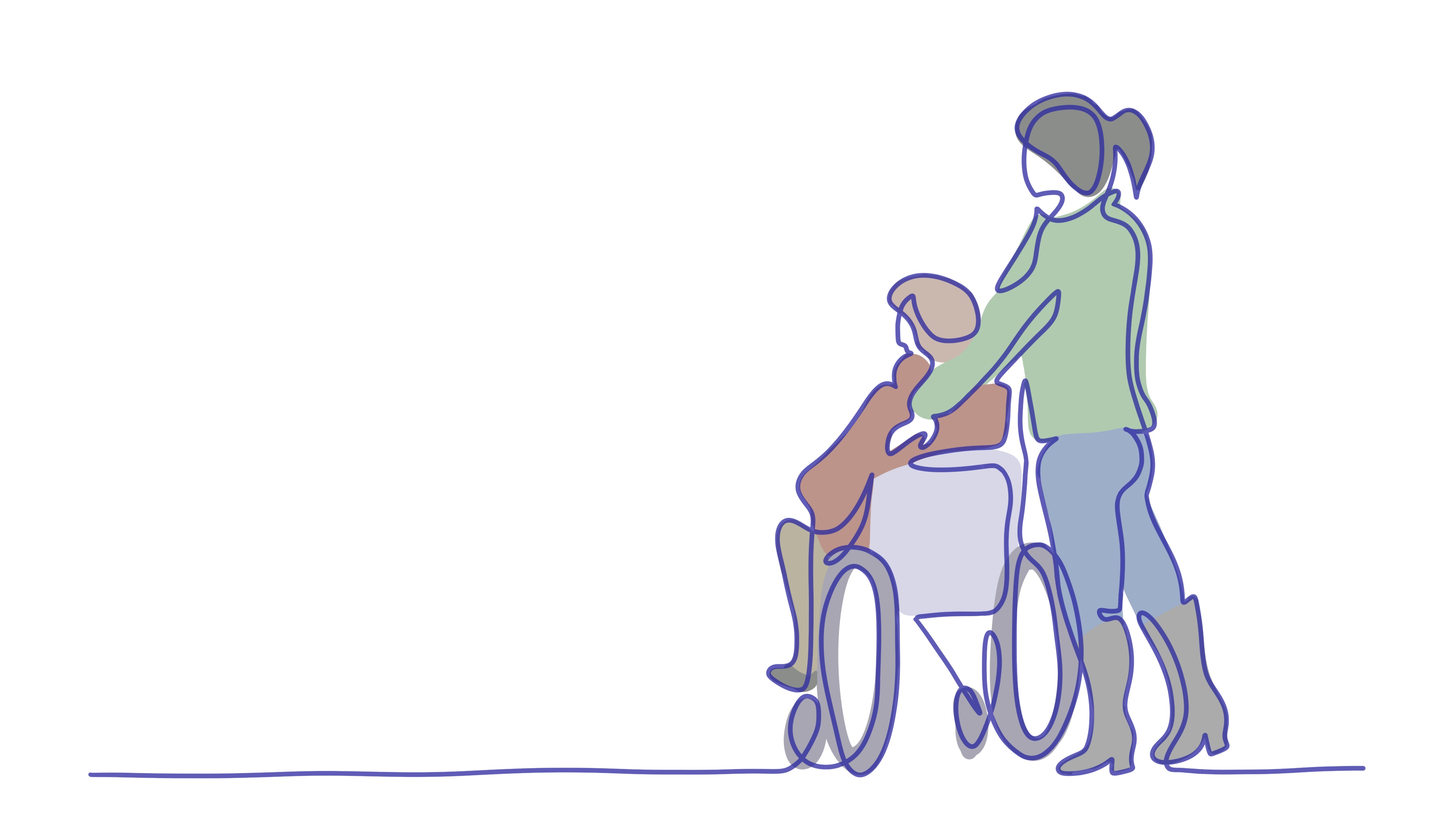 Die Illustration zeigt eine Pflegerin die sich um eine Seniorin im Rollstuhl kümmert.