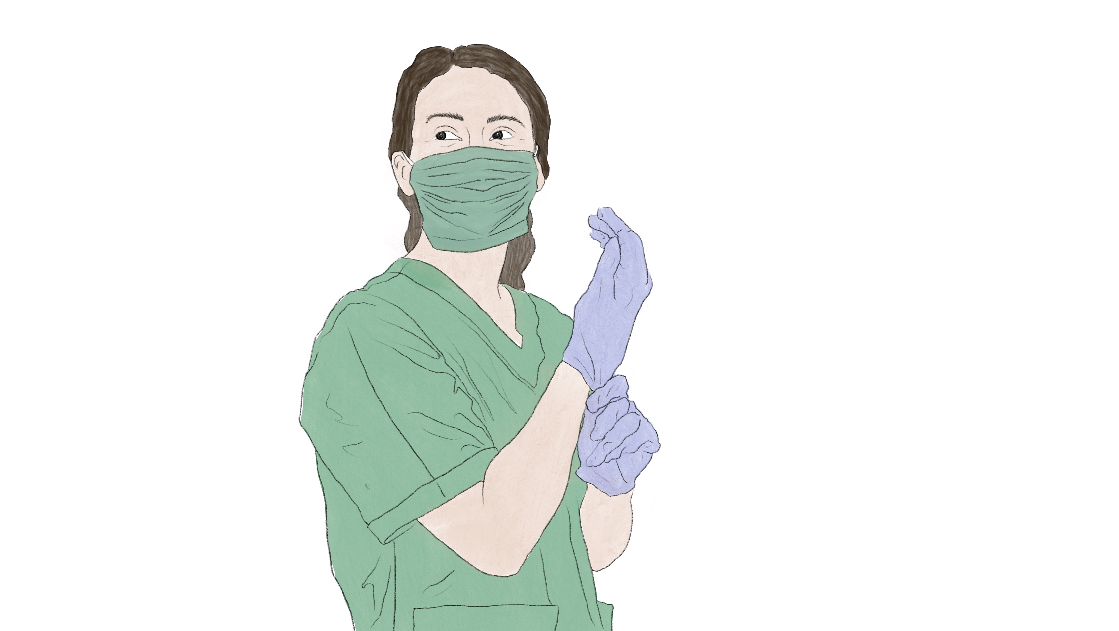 Die Illustration  zeigt eine Viszeralchirurgin in Vorbereitung einer Operation.