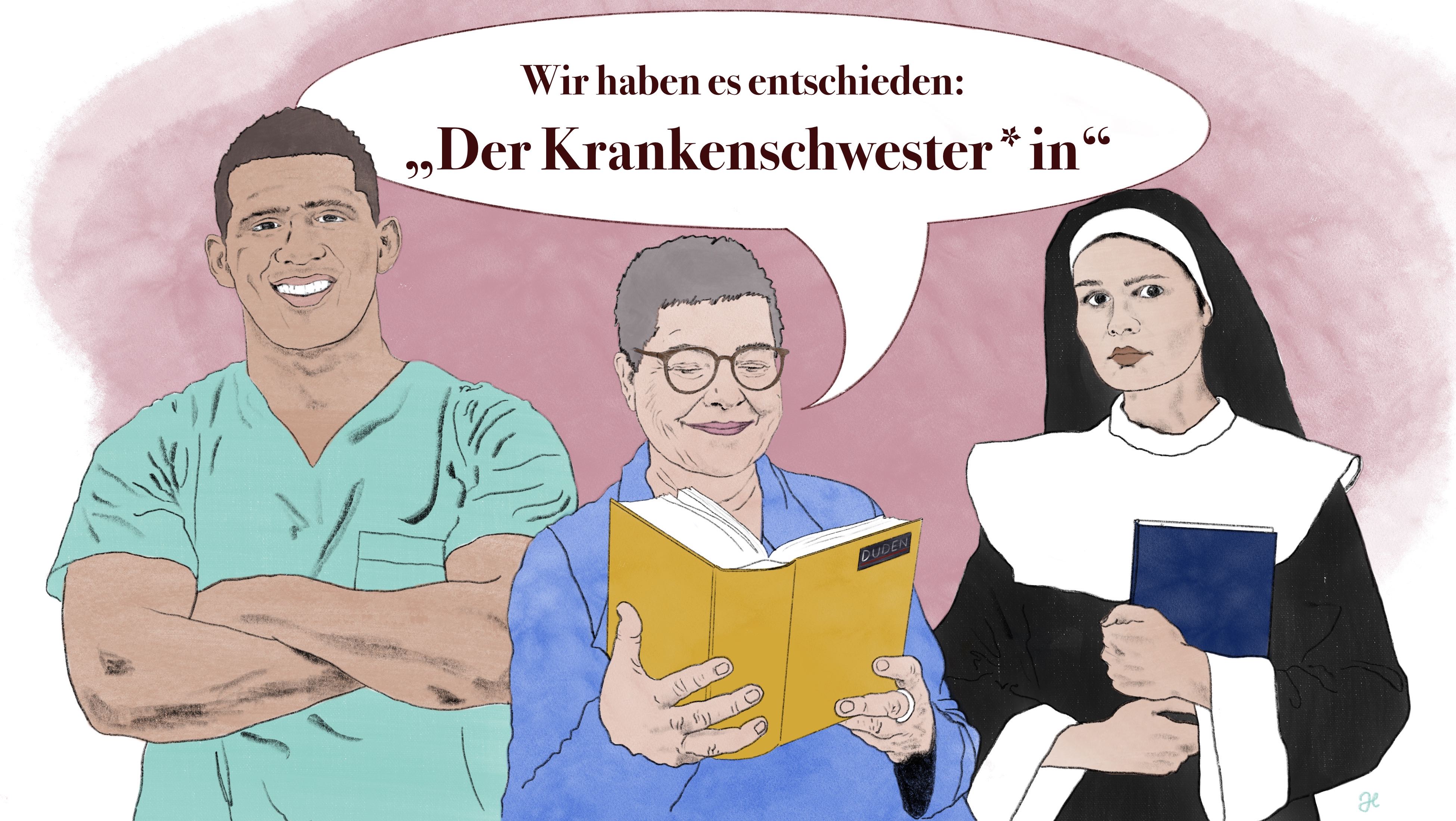 Krankenschwester: Eine veraltete Bezeichnung - ein Diskussionsbeitrag. Frau zwischen Krankenpfleger und Nonne erklärt im Scherz Einigung auf den Begriff "Der Krankenschwester*in".