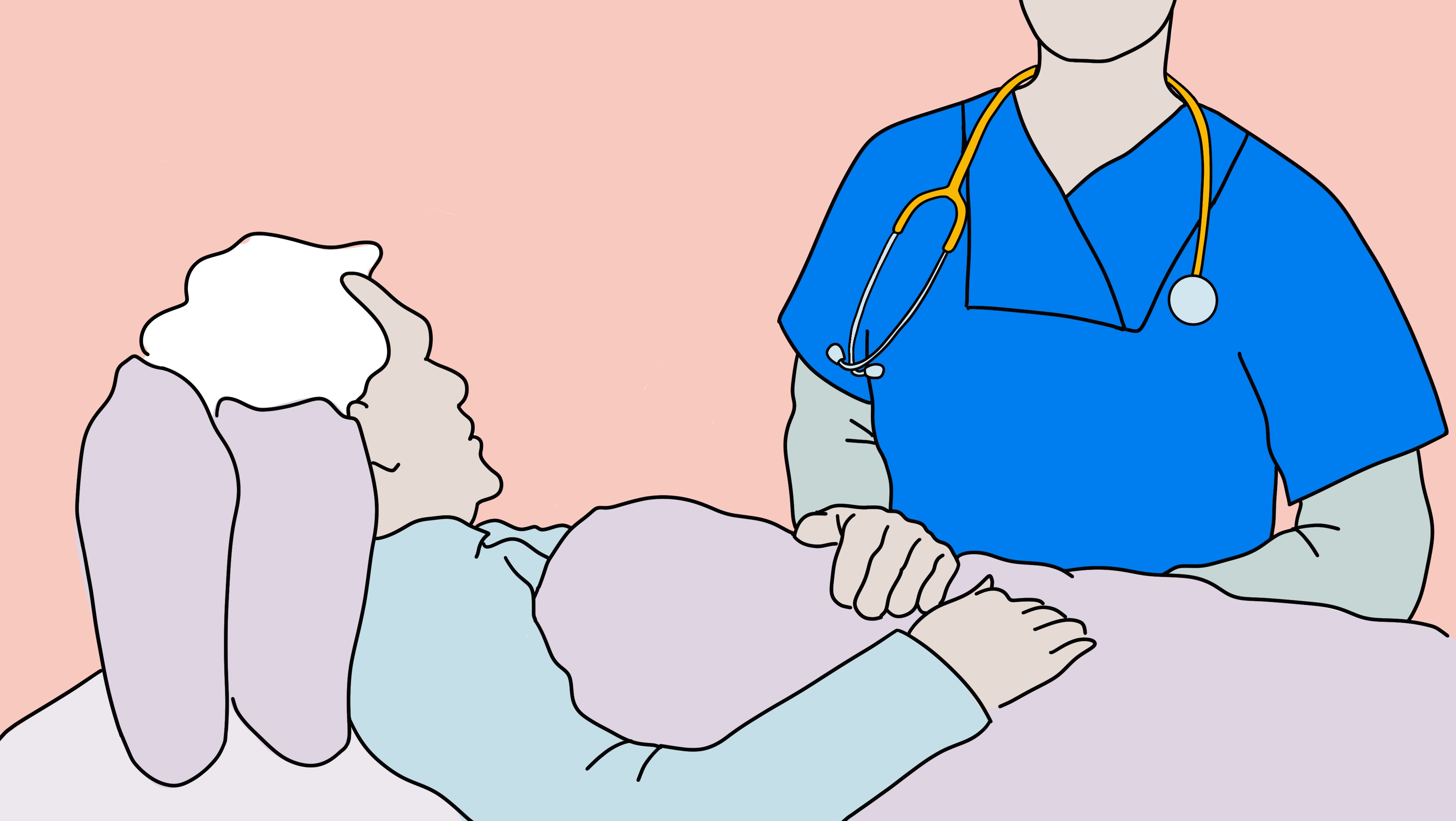 Die Illustration zeigt eine Ärztin, die mit einem Patienten in der Palliativpflege spricht.