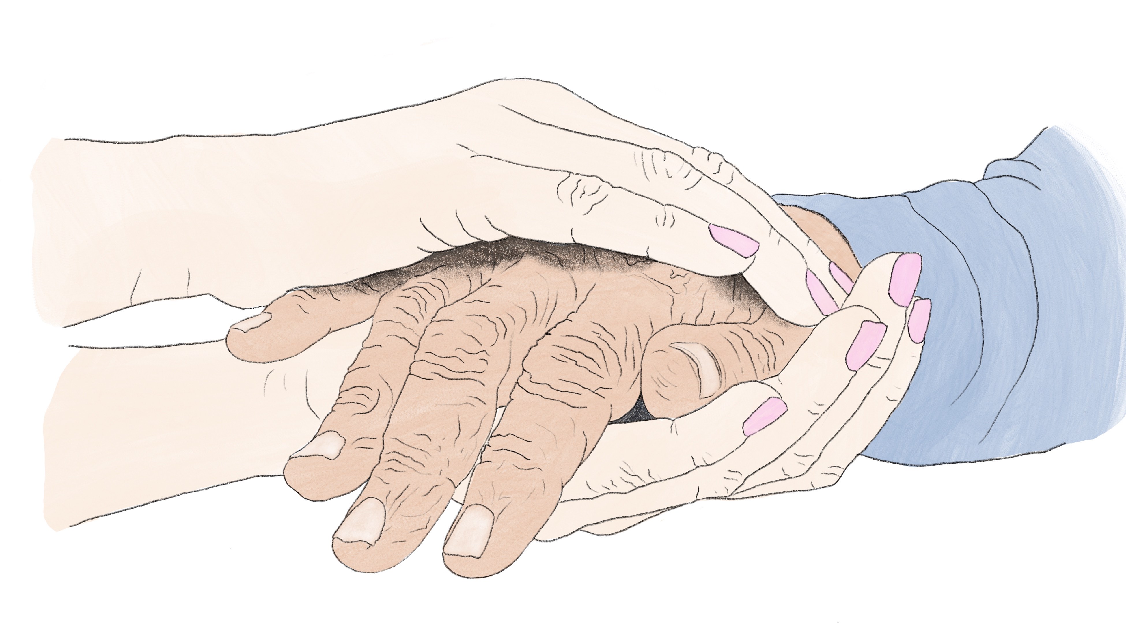 Zwei pflegende Hände halten die Hand einer Patientin.
