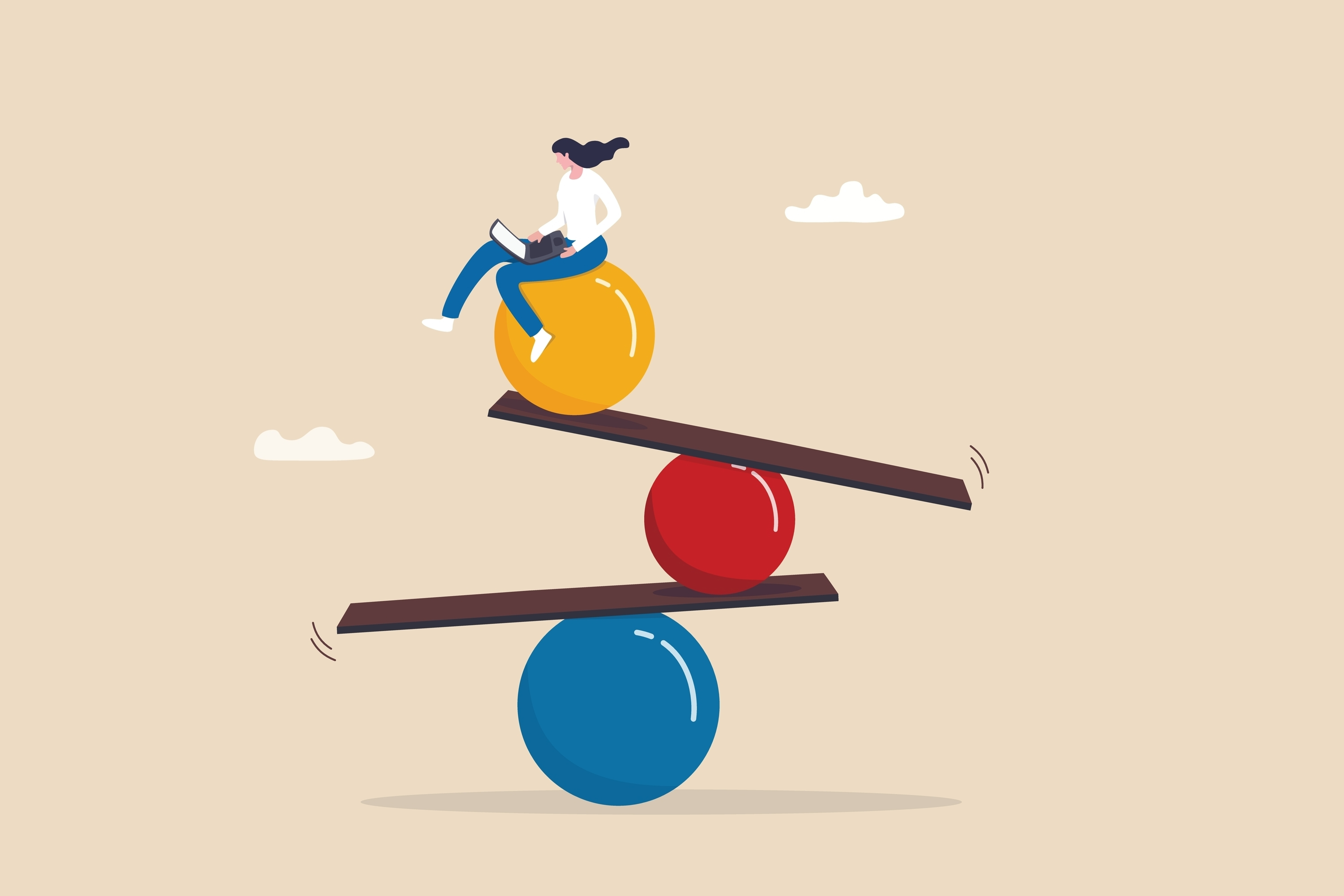 Im Gesundheitswesen ist eine gute Work-Life-Balance mehr als eine Herausforderung; sie ist ein entscheidender Faktor für die Gesundheit der Fachkräfte und die Qualität der Patientenversorgung. Die Illustration zeigt eine Medizinische Fachangestellte die offenbar alles im Griff hat und Arbeitszufriedenheit ausstrahlt.